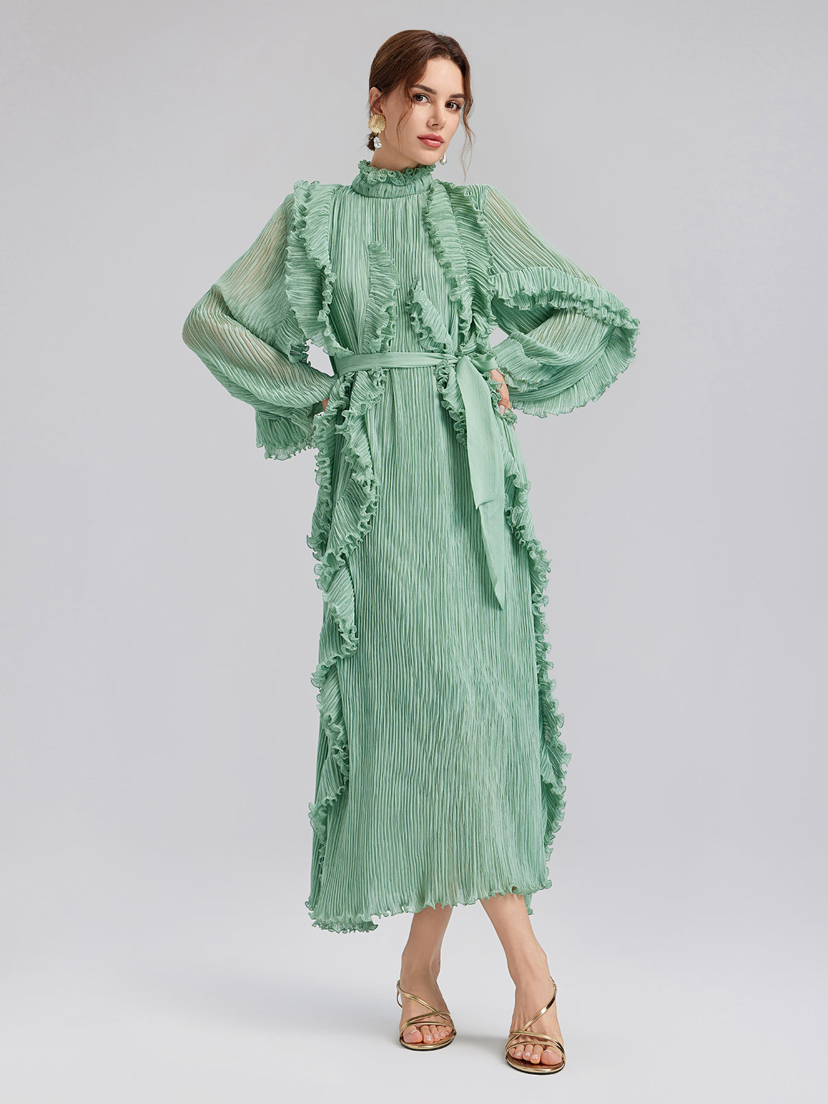 High-Neck Pleated Ruffle Dress