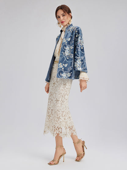 Floral Sequin Embroidered 3/4 Sleeve Velvet Jacket