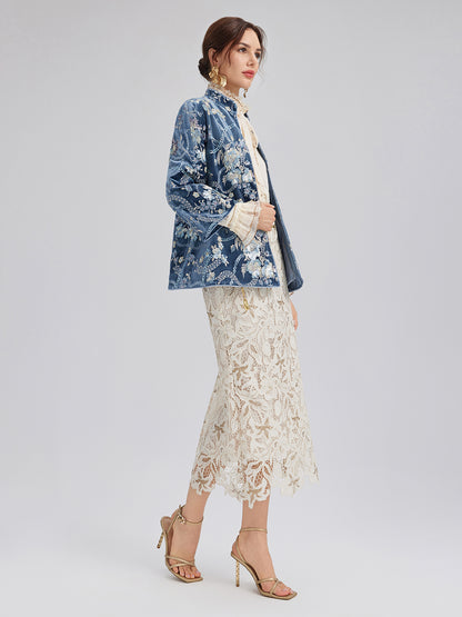 Floral Sequin Embroidered 3/4 Sleeve Velvet Jacket