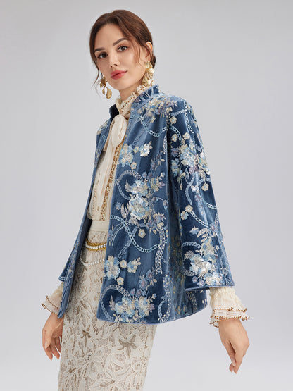 Floral Sequin Embroidered 3/4 Sleeve Velvet Jacket