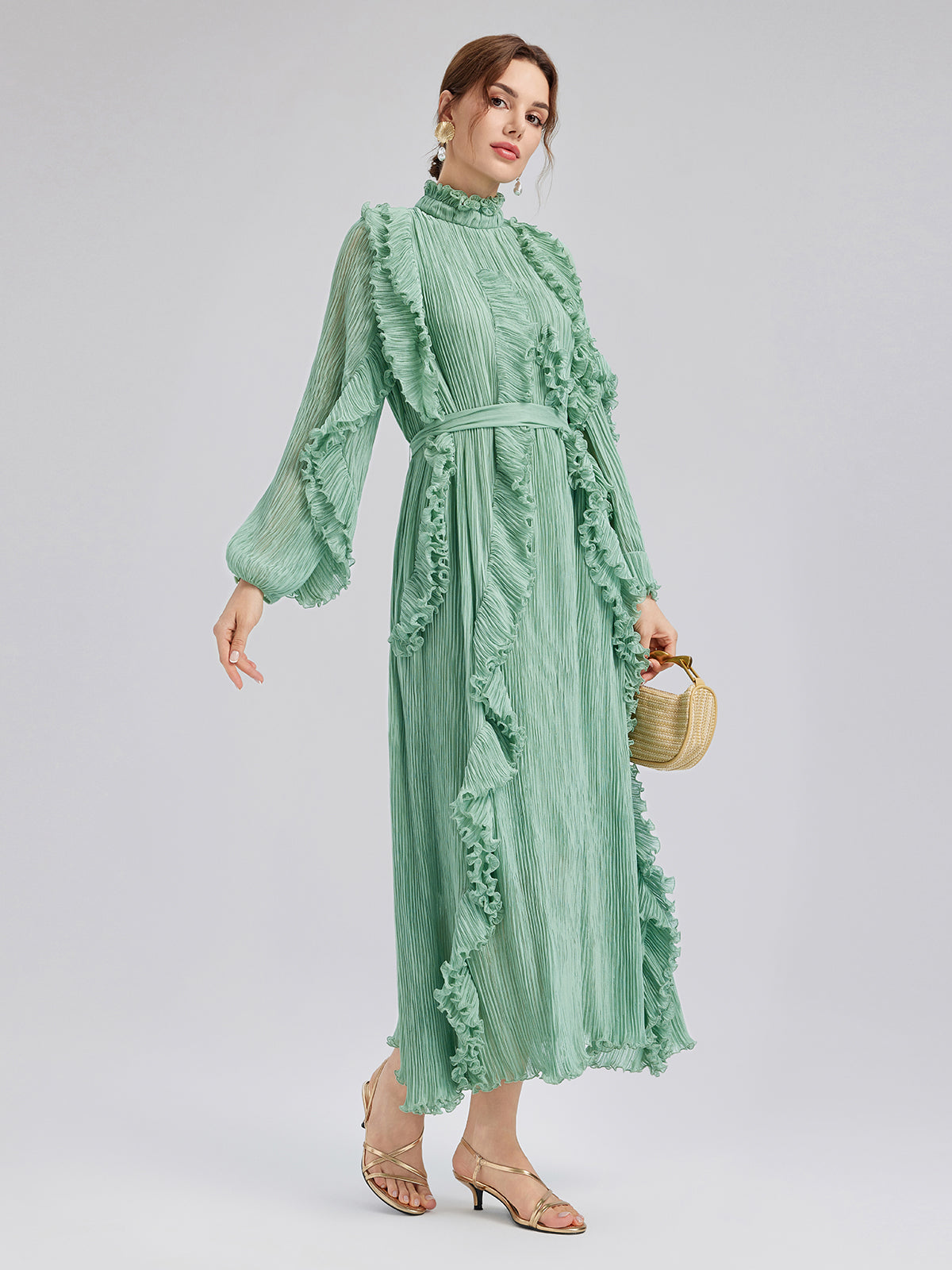 High-Neck Pleated Ruffle Dress