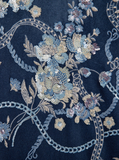 Floral Sequin Embroidered 3/4 Sleeve Velvet Jacket