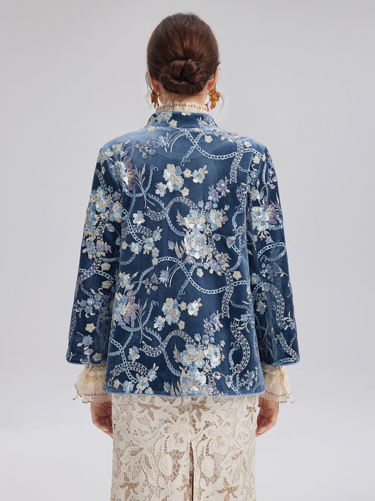 Floral Sequin Embroidered 3/4 Sleeve Velvet Jacket