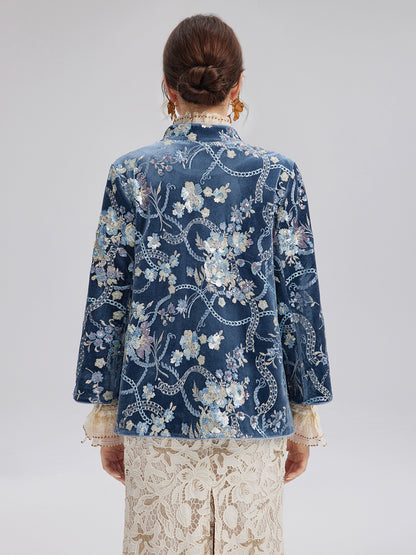 Floral Sequin Embroidered 3/4 Sleeve Velvet Jacket