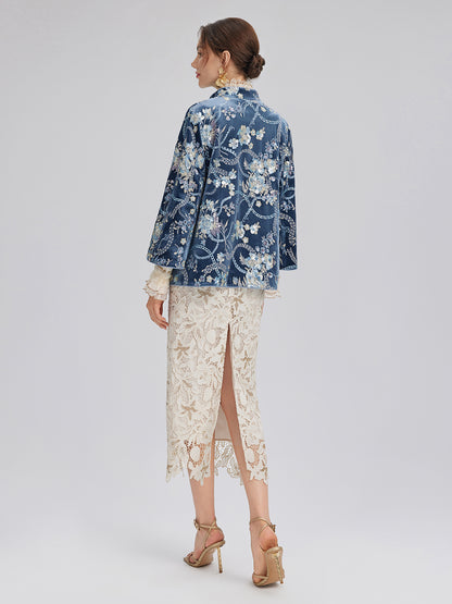 Floral Sequin Embroidered 3/4 Sleeve Velvet Jacket