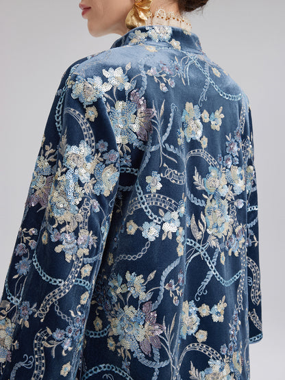 Floral Sequin Embroidered 3/4 Sleeve Velvet Jacket