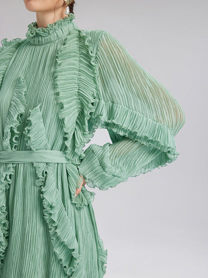 High-Neck Pleated Ruffle Dress
