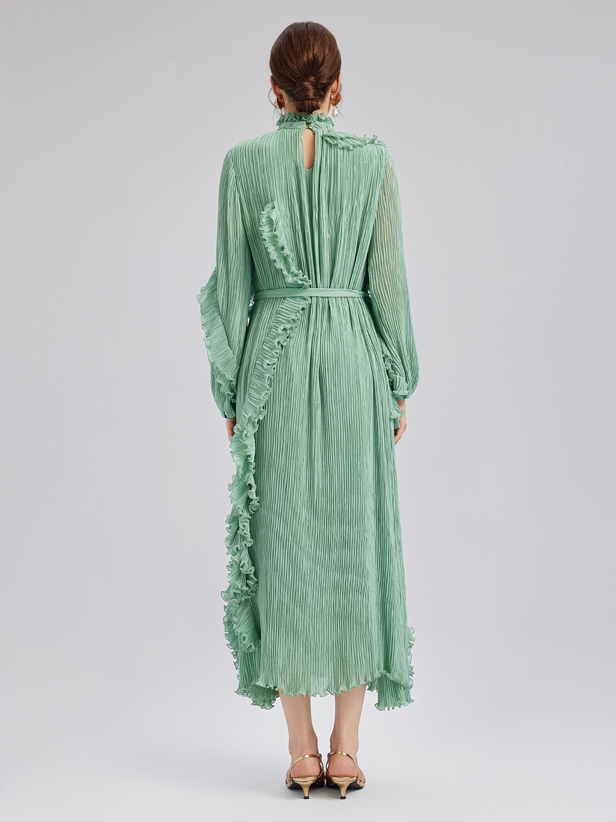 High-Neck Pleated Ruffle Dress