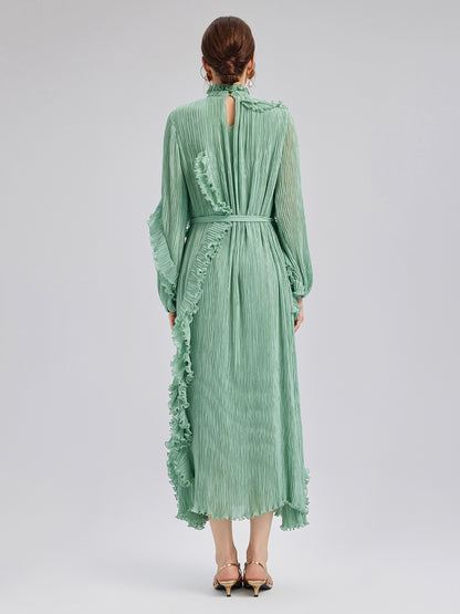 High-Neck Pleated Ruffle Dress