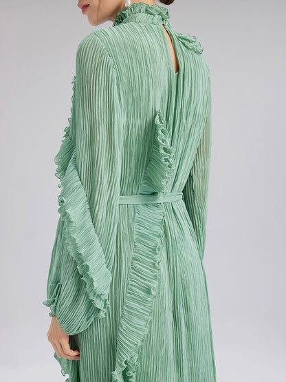 High-Neck Pleated Ruffle Dress