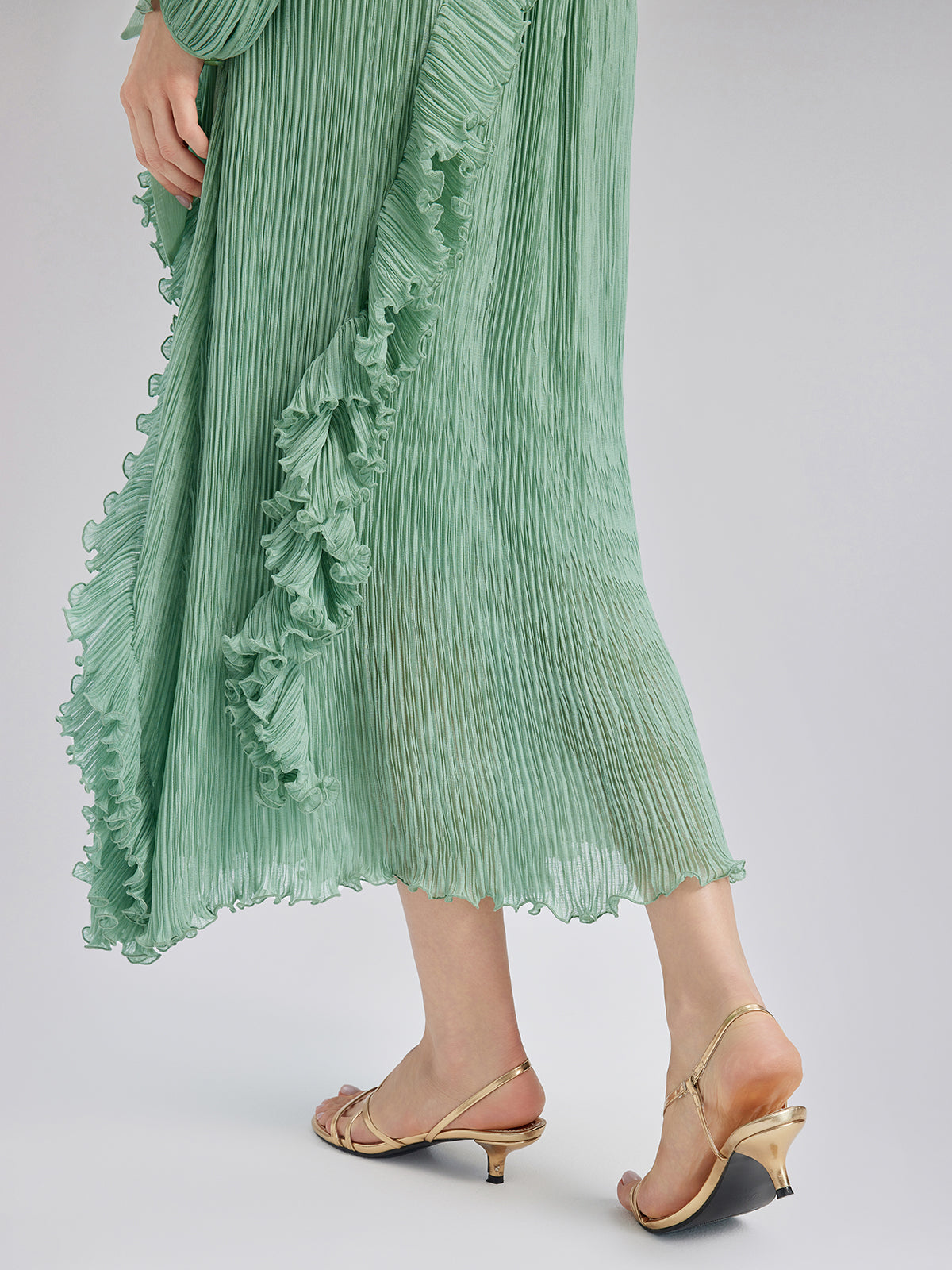 High-Neck Pleated Ruffle Dress