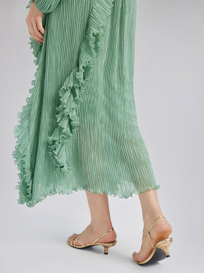 High-Neck Pleated Ruffle Dress
