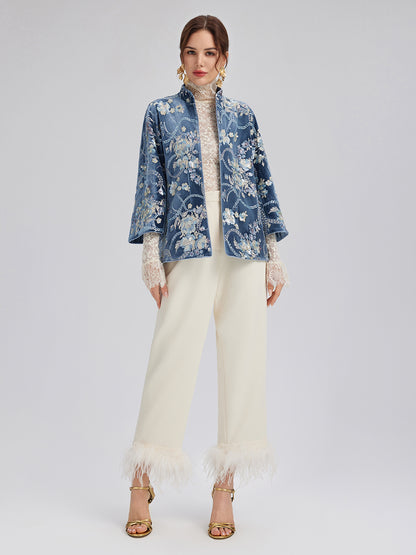 High-Waist Feather Trim Pants