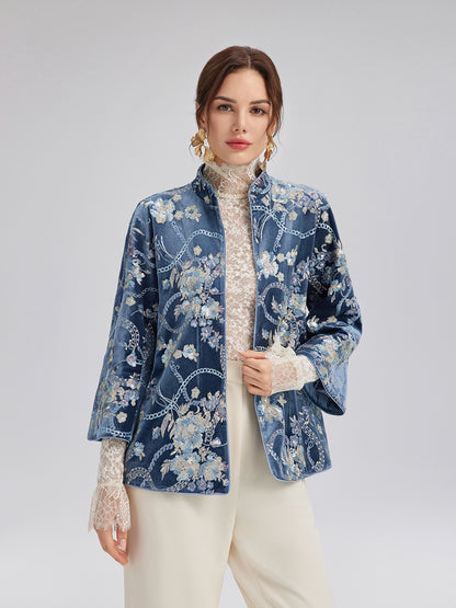 Floral Sequin Embroidered 3/4 Sleeve Velvet Jacket