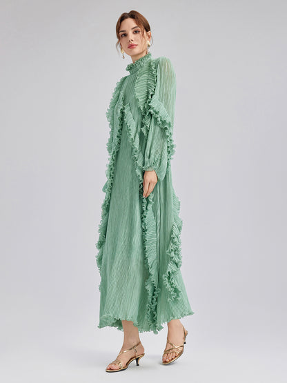 High-Neck Pleated Ruffle Dress