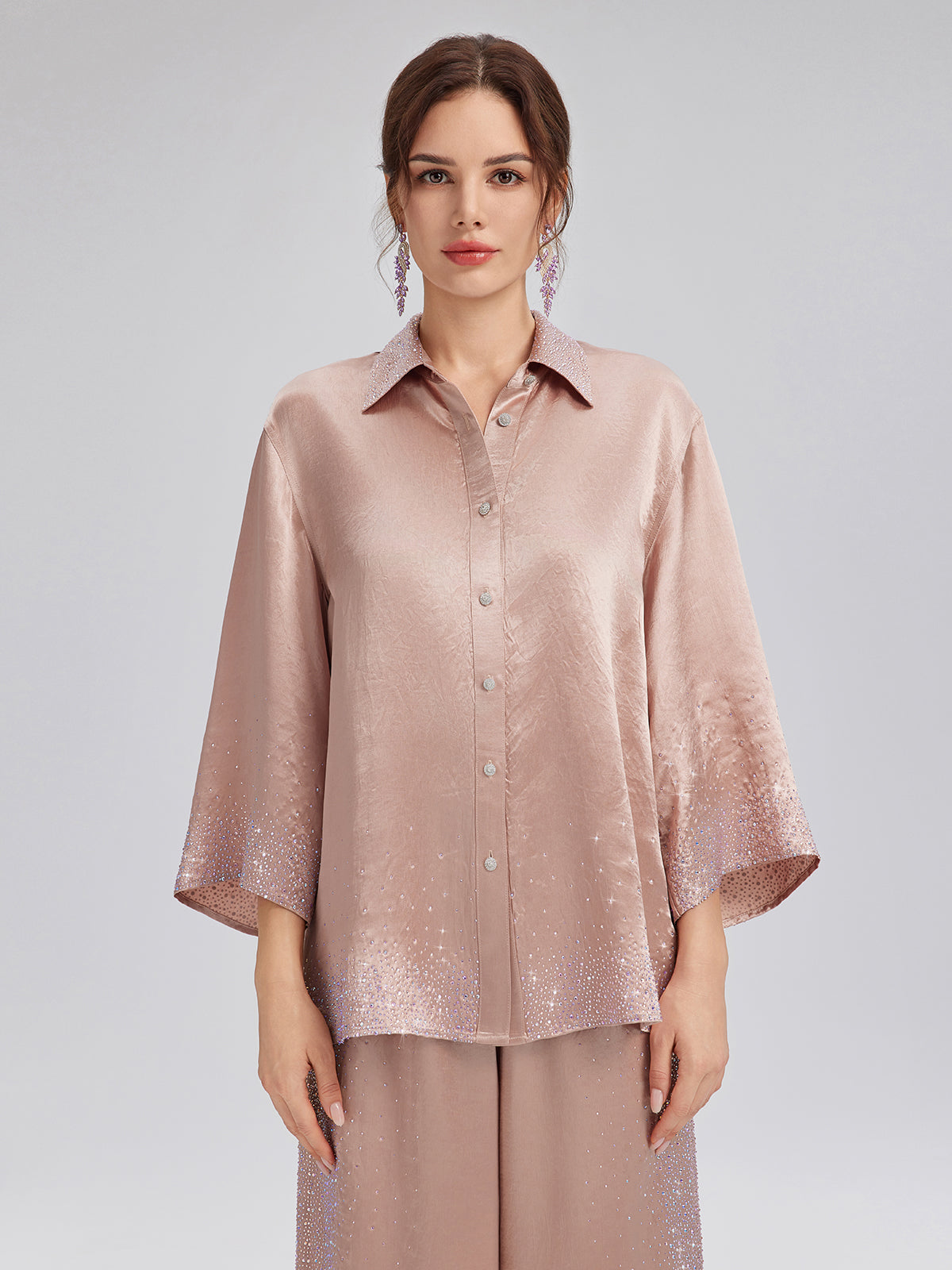 Crystal-Embellished Three-Quarter Sleeve Shirt
