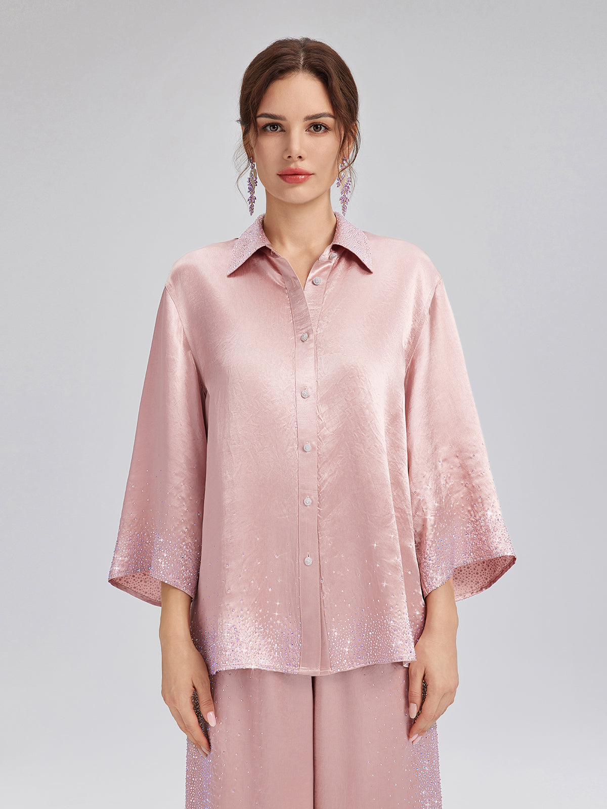 Crystal-Embellished Three-Quarter Sleeve Shirt