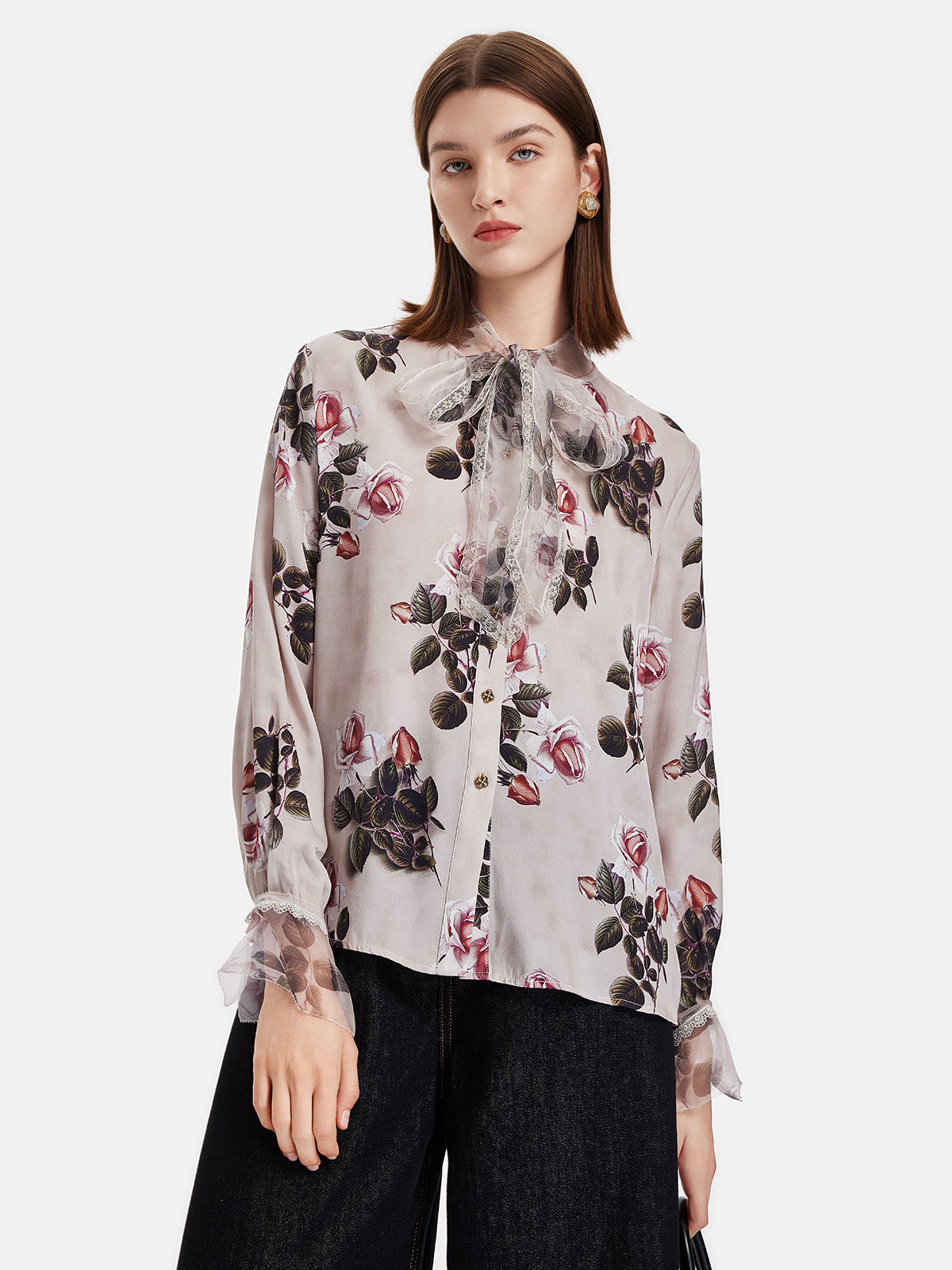 Rose Print Lace Collar Tie Shirt