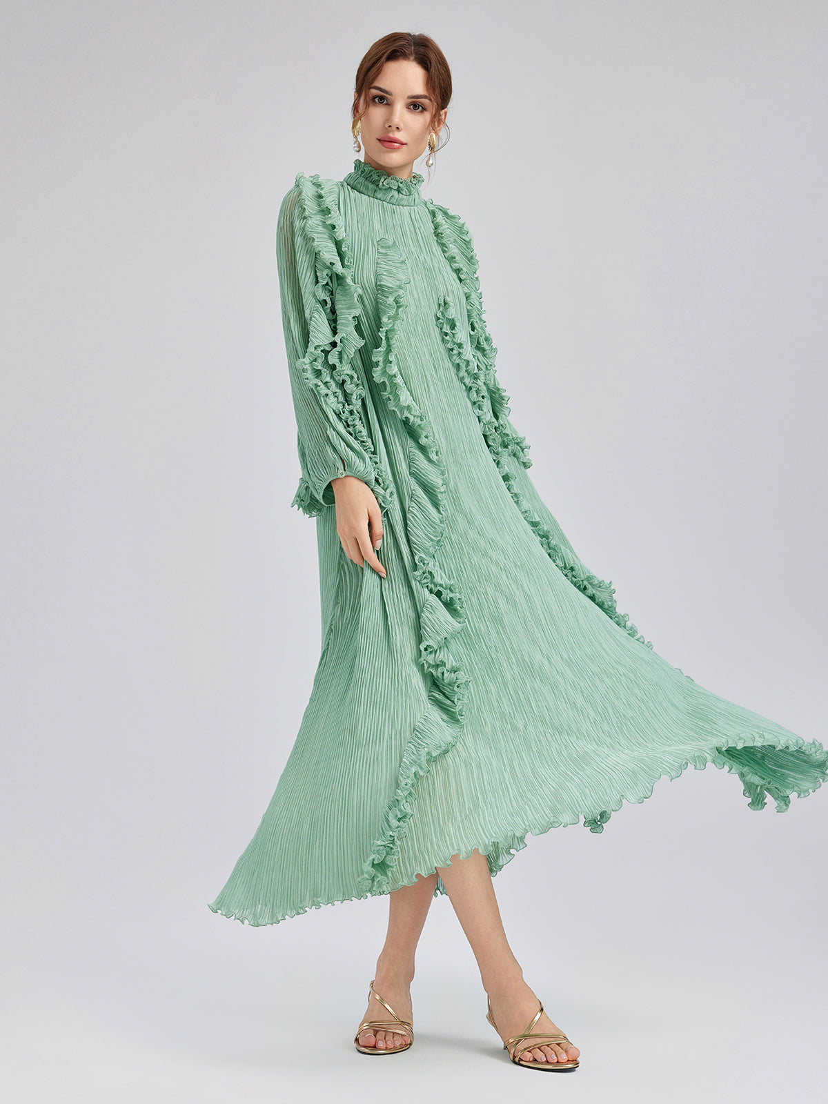 High-Neck Pleated Ruffle Dress