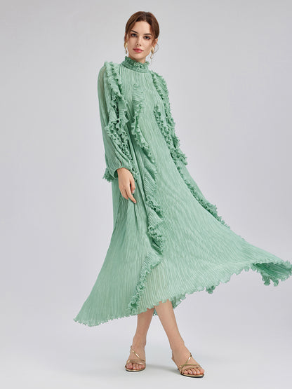 High-Neck Pleated Ruffle Dress