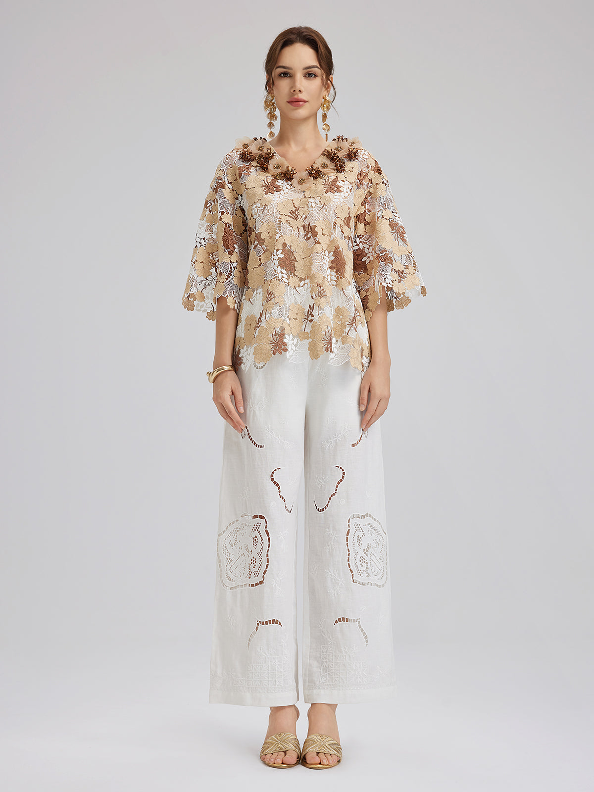 Rhinestone Embroidered Florals Lace V-Neck Top