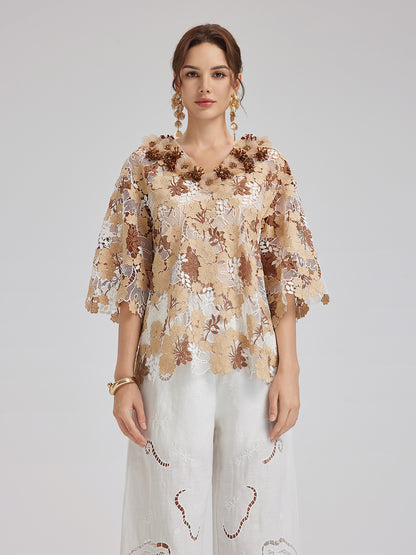 Rhinestone Embroidered Florals Lace V-Neck Top