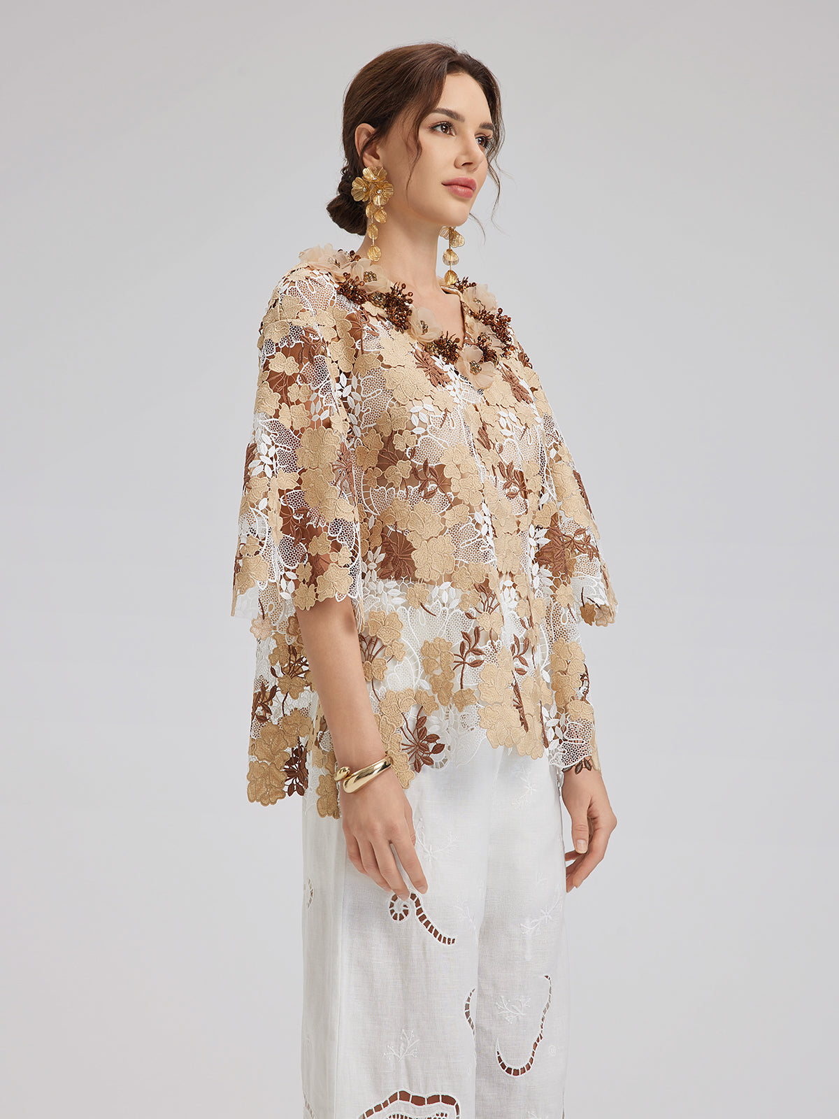 Rhinestone Embroidered Florals Lace V-Neck Top
