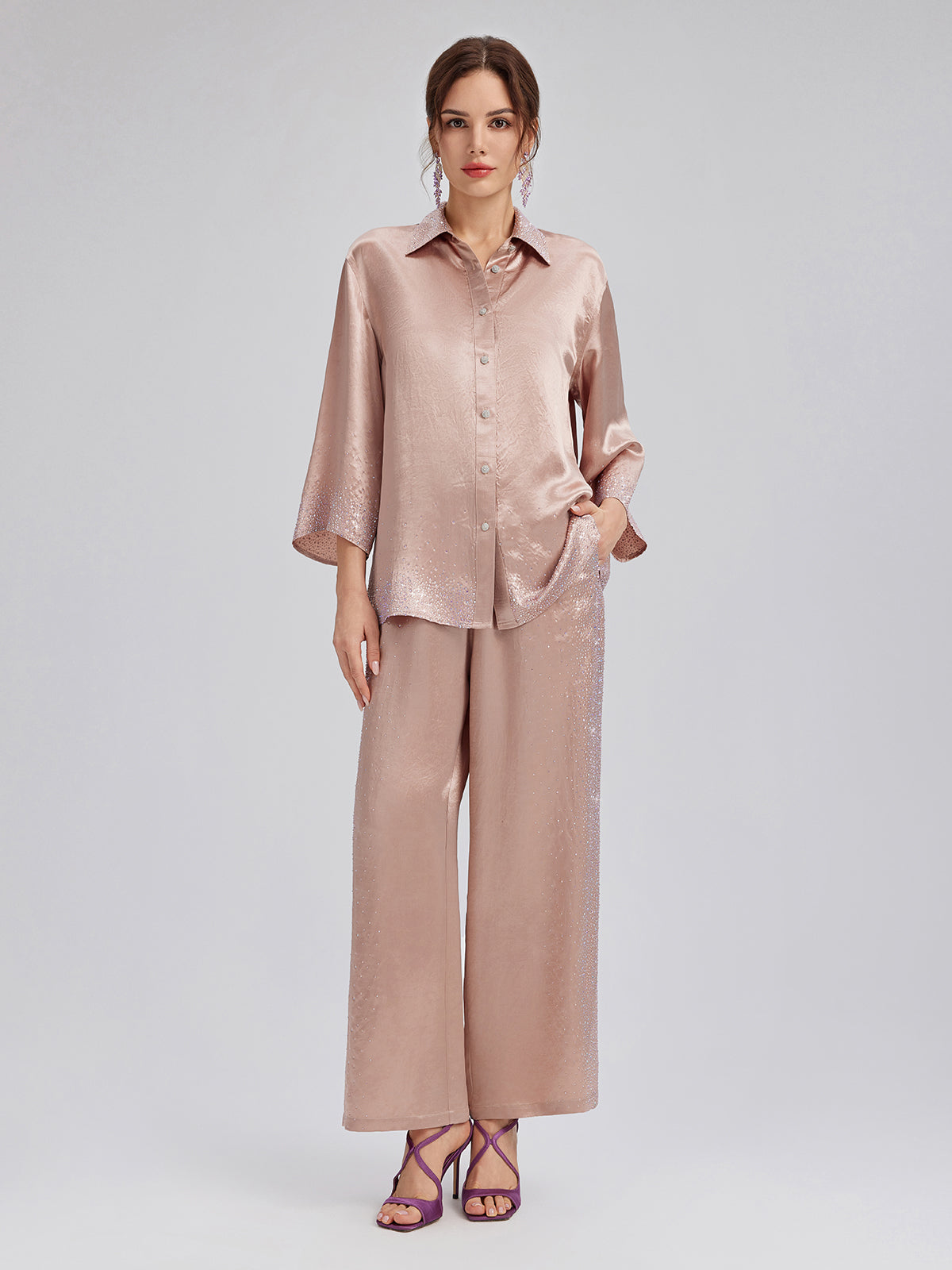 Crystal-Embellished Three-Quarter Sleeve Shirt