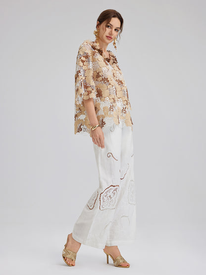 Rhinestone Embroidered Florals Lace V-Neck Top