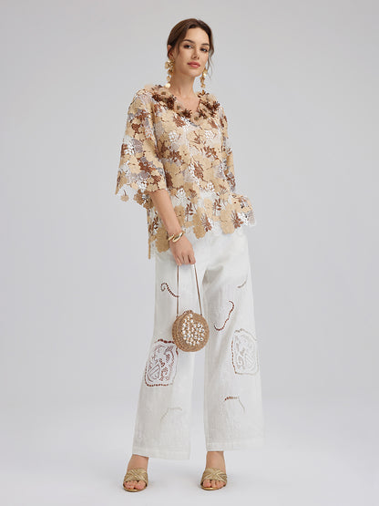 Rhinestone Embroidered Florals Lace V-Neck Top