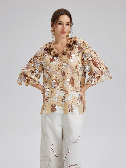 Rhinestone Embroidered Florals Lace V-Neck Top