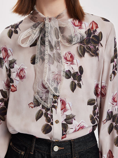 Rose Print Lace Collar Tie Shirt