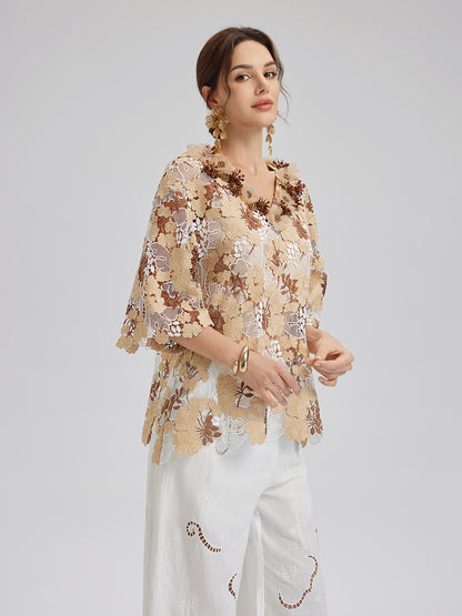 Rhinestone Embroidered Florals Lace V-Neck Top