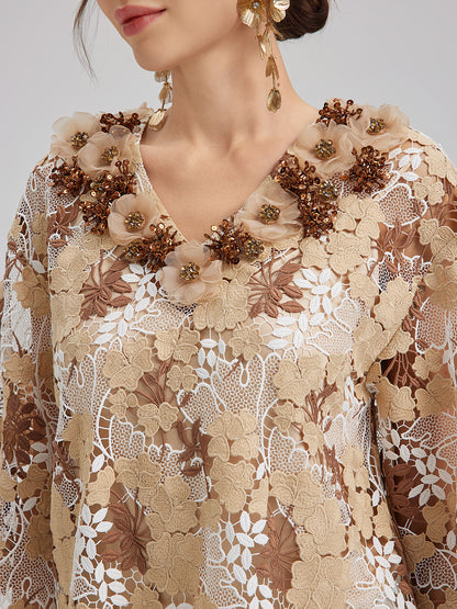 Rhinestone Embroidered Florals Lace V-Neck Top