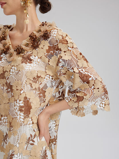 Rhinestone Embroidered Florals Lace V-Neck Top