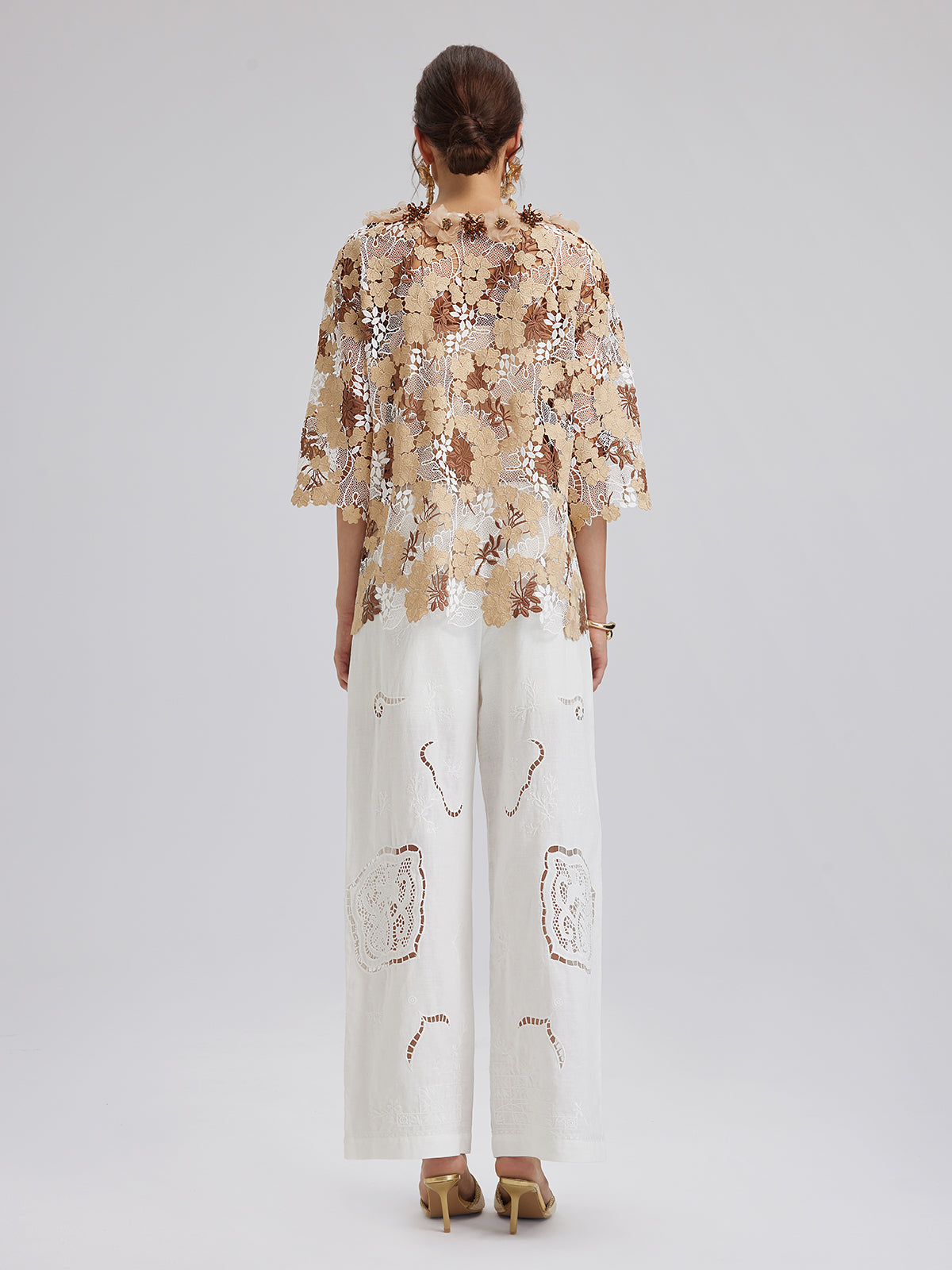 Rhinestone Embroidered Florals Lace V-Neck Top