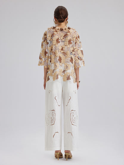 Rhinestone Embroidered Florals Lace V-Neck Top