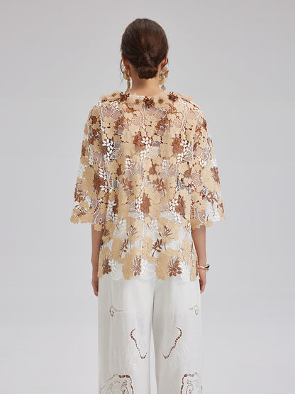 Rhinestone Embroidered Florals Lace V-Neck Top