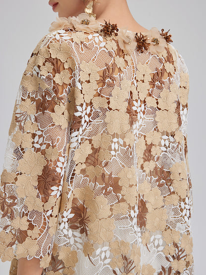 Rhinestone Embroidered Florals Lace V-Neck Top