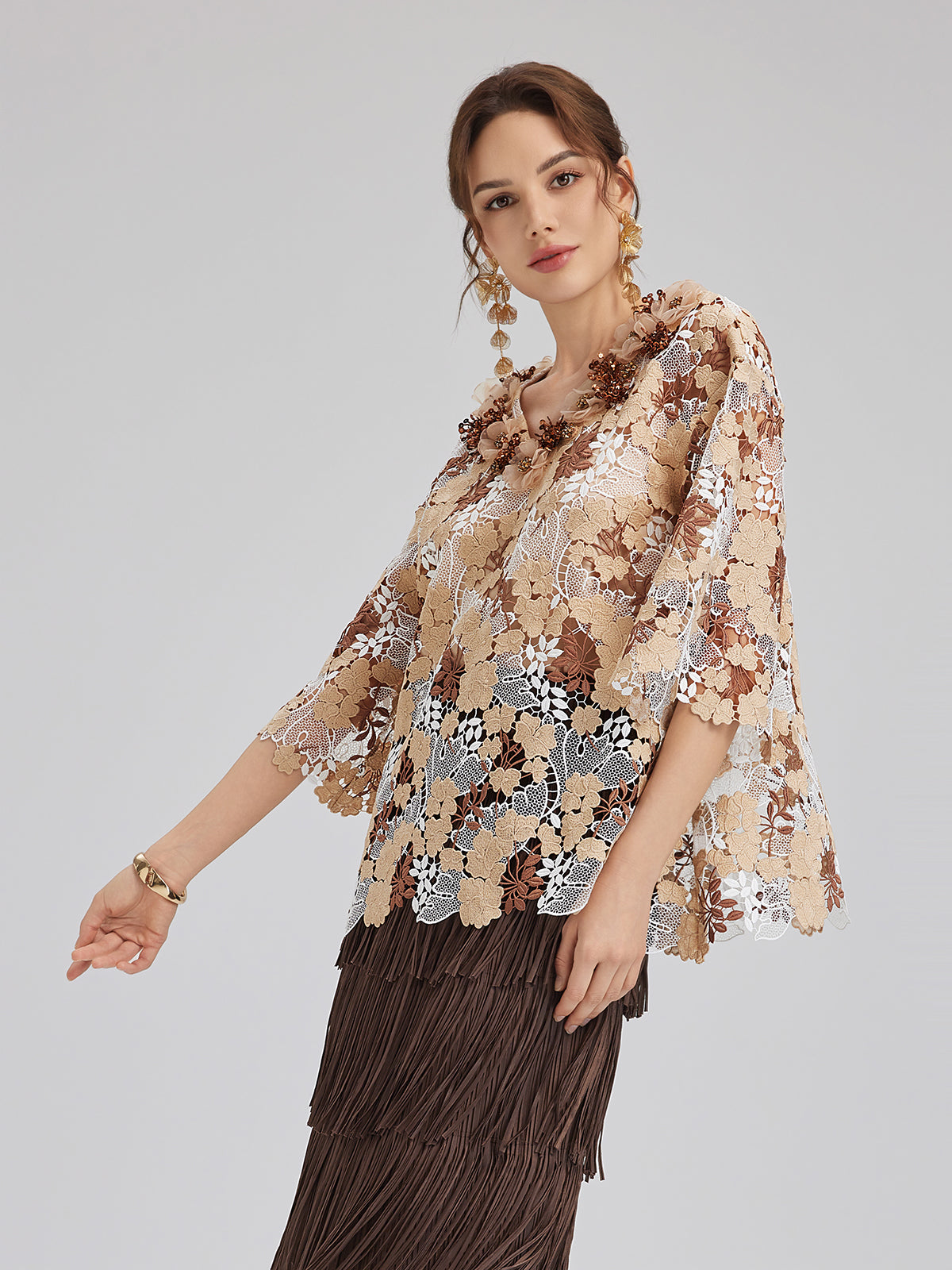 Rhinestone Embroidered Florals Lace V-Neck Top