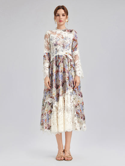 Baroque Silk Lace-Organza Panel Dress (100% Silk Floral Slip Included)