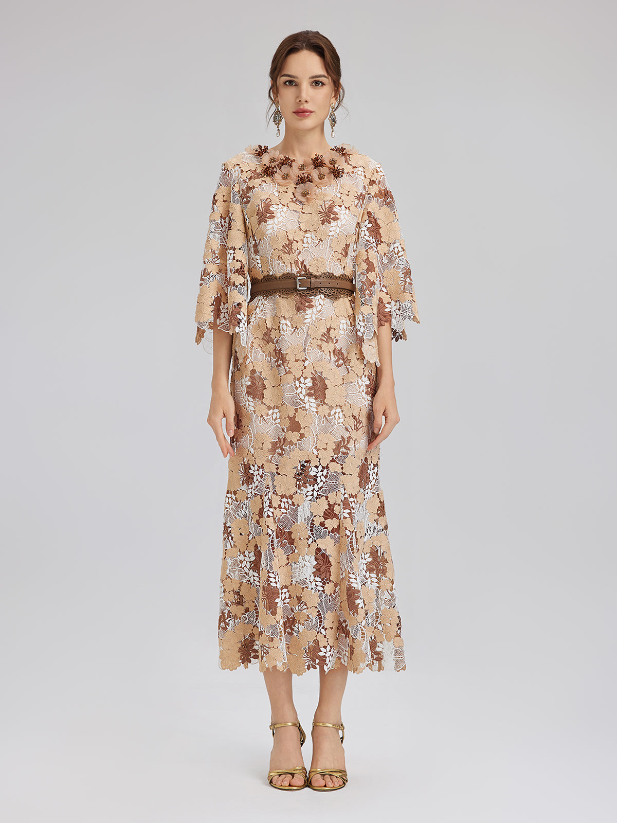 Rhinestone Openwork Embroidered Florals Lace Dress