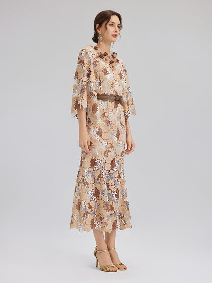 Rhinestone Openwork Embroidered Florals Lace Dress