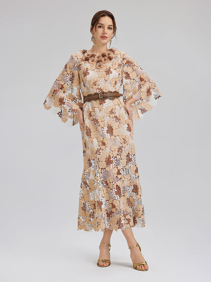 Rhinestone Openwork Embroidered Florals Lace Dress