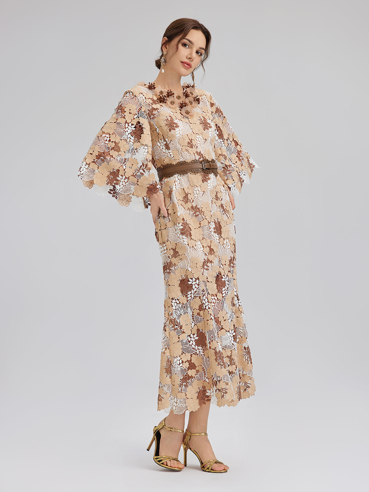 Rhinestone Openwork Embroidered Florals Lace Dress