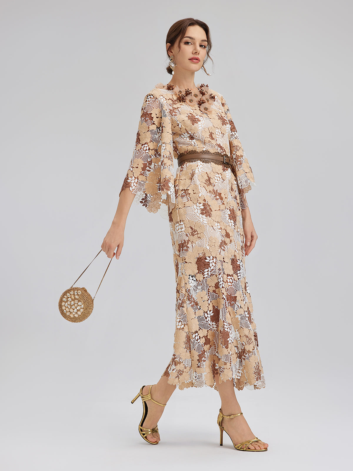 Rhinestone Openwork Embroidered Florals Lace Dress