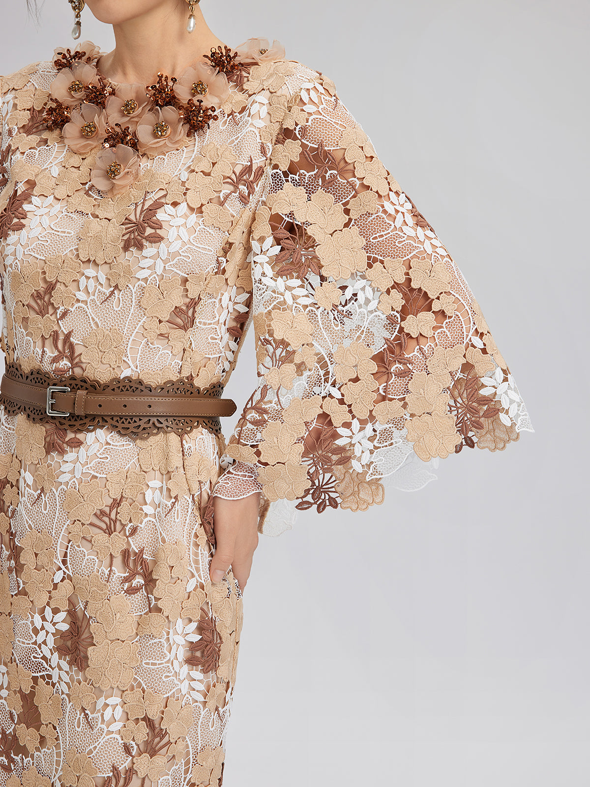 Rhinestone Openwork Embroidered Florals Lace Dress