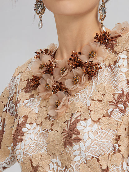 Rhinestone Openwork Embroidered Florals Lace Dress