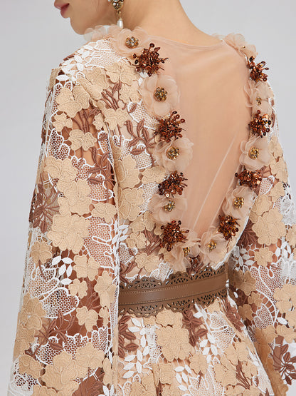 Rhinestone Openwork Embroidered Florals Lace Dress