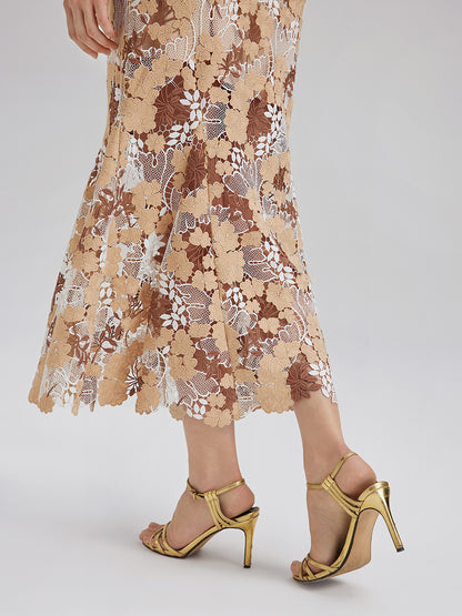 Rhinestone Openwork Embroidered Florals Lace Dress